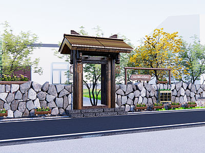 新中式乡村庭院 院门 庭院围墙 庭院入口