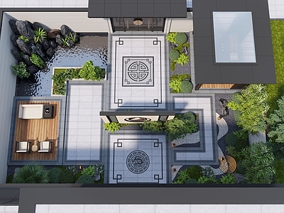 新中式庭院 新中式庭院景观 居家庭院 景观小品 凉亭 水景