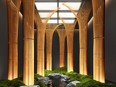 现代室内景观 现代植物景观装置 苔藓植物 室内造景 景观石 端景
