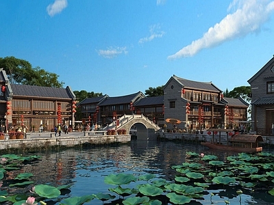 现代古建阁楼街道石拱桥