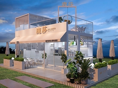 现代奶茶店 水果奶茶店 咖啡馆 奶茶操作台工作台 收银台水吧台 露台花箱外摆座椅