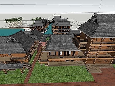 现代古建筑 酒店古建筑景观 酒店度假滨水