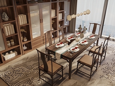 新中式中式家居餐厅 宋氏新中风餐厅 餐桌椅组合 书柜 餐边柜 新中式餐厅