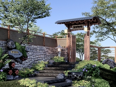 现代新中式乡村庭院 现代民宿院门 庭院门头 入口文化墙 仿古台阶 陶缸小品