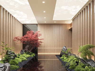 现代酒店走廊 现代室内过道造景 过道造景 景观红枫 景观植物堆 苔藓造景