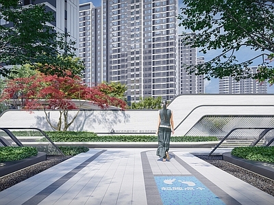 现代小区景观 示范区 展示区 飘带雕塑 礼仪跌水 折线景观