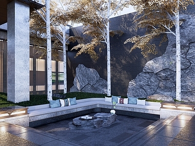 现代轻奢别墅庭院 下沉庭院 别墅豪宅庭院 休闲卡座 石头桌