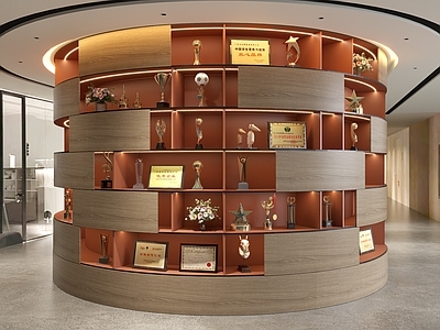 现代意式办公大厅 弧形圆形展示柜 柱形展示柜荣誉墙 企业公司荣誉证书 奖杯奖状奖品摆件 弧形公司形象墙