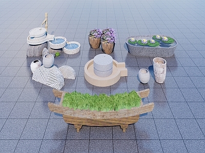 新中式庭院小品 石槽 石槽水景 石磨 荷花水景