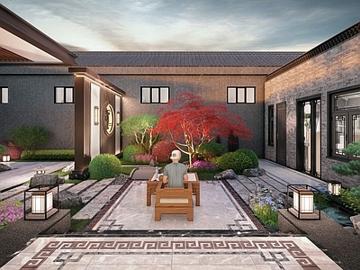 新中式中式别墅庭院 新中式住宅庭院 中式别墅庭院景观