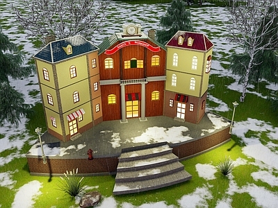 现代美式风格建筑 圣诞小房子 欧式建筑 雪地小房子