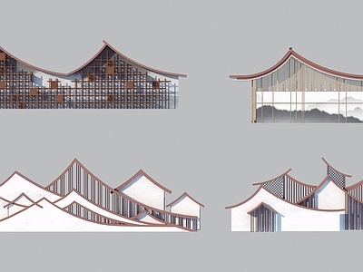 新中式景墙 新中式坡屋顶山形 入口景墙