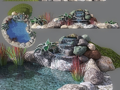 现代其他景观小品 现代假山石头水景