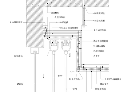 现代窗帘 暗装式窗帘盒 窗帘盒节点图 施工图