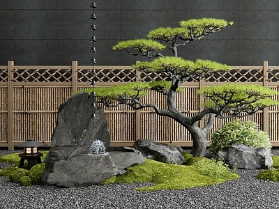 日式新中式庭院小品 竹篱笆栅栏围栏 水景 水钵 枯山水 景观石头