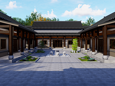 中式新中式四合院 中式四合院 中式一层四合院 四合院庭院景观 四合院外观 一层别墅