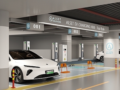 现代室内停车场 充电桩 停车场