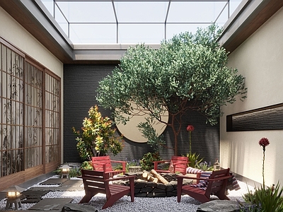 新中式别墅庭院 禅意天井庭院景观 景观造景 景观小品 苔藓景观