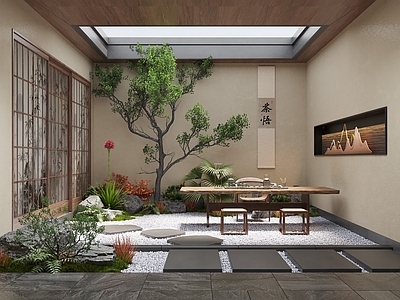 新中式别墅庭院 禅意天井庭院景观 居家庭院 景观小品 庭院小品