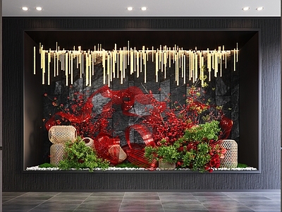 现代艺术装置 新中式室内造景 植物堆 红色装饰 灯笼 装饰灯