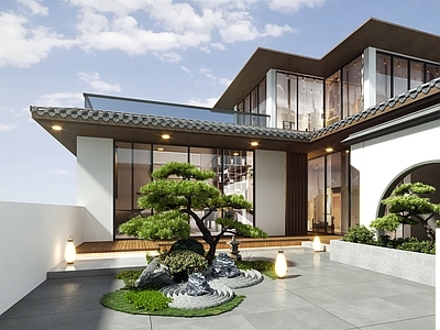 现代庭院 庭院景观 户外阳台花园 花园景观 景观松 景观小品