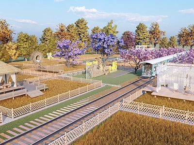 现代乡村公园 稻田景观 乡村景观 春天的列车 稻草亭 乡村休闲亭