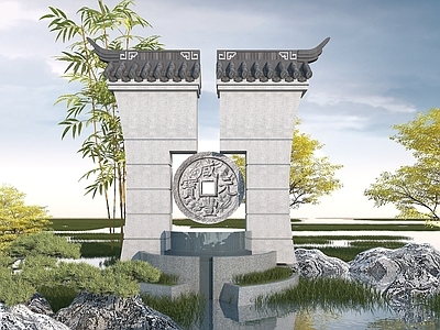 现代其他景观小品 中式景墙
