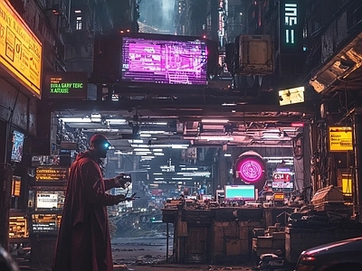 现代街道外景 赛博朋克街道 街道夜景