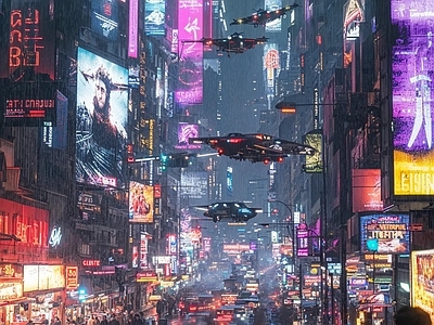 现代街道外景 赛博朋克街道 街道夜景