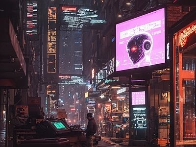 现代街道外景 赛博朋克街道 街道夜景