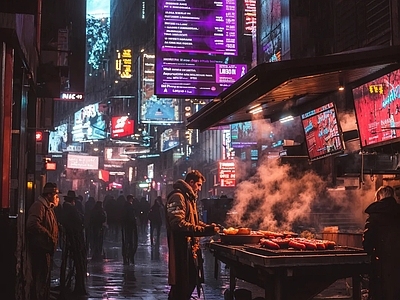 现代街道外景 赛博朋克街道 街道夜景