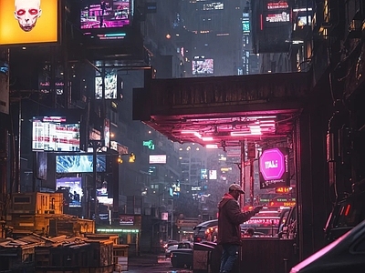 现代街道外景 赛博朋克街道 街道夜景