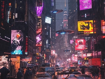 现代街道外景 赛博朋克街道 街道夜景