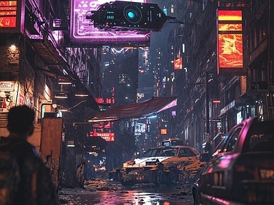 现代街道外景 赛博朋克街道 街道夜景