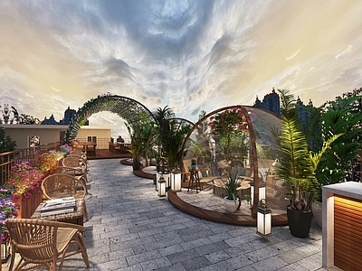 现代屋顶花园 花园餐厅 户外餐厅 花箱