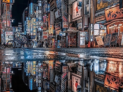 现代街道外景 赛博朋克街景 街道夜景