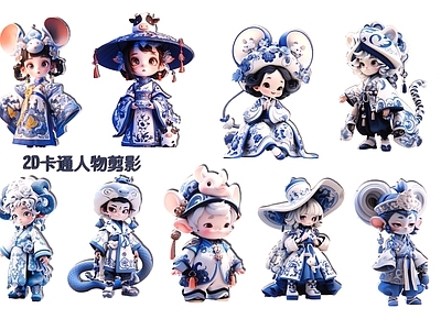 现代新中式挂件 2D卡通人物剪影