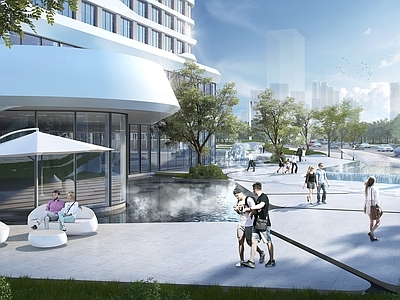 现代办公楼 办公景观 雕塑 跌水