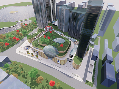 现代极简商场建筑 商业裙楼 屋顶绿化 屋顶花园