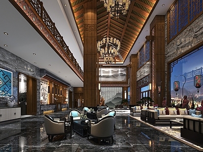 中式新中式楼梯间 酒店大堂休息区 会所休息区 新中式沙发茶几 中式护栏 中式包柱