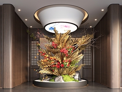新中式酒店大堂 新中式酒店会所大 花枝 枯枝 石头 芭蕉扇