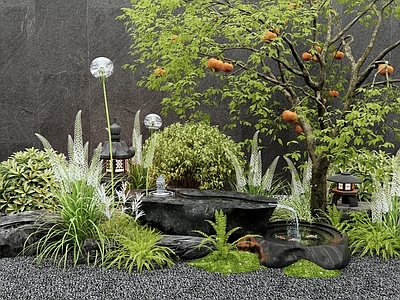日式新中式假山水景 水景 流水石 植物堆 柿子树 灌木花草
