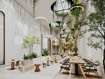 现代酒店餐厅 吊灯 花园餐厅 卡座 绿植景观