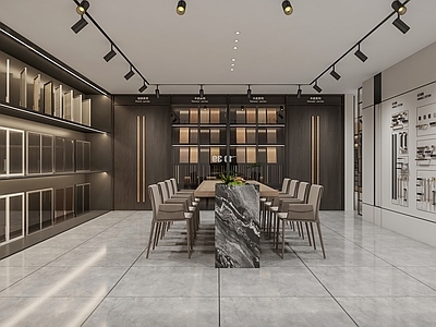 现代简约家居专卖店 选材区 样板柜 五金展示 工艺展示 玻璃门