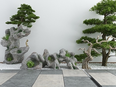 现代其他景观小品 新中式庭院假山松柏