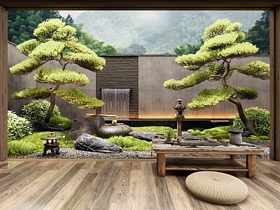 日式禅意别墅庭院 松树 汀步石 灌木 水钵水景 景观石