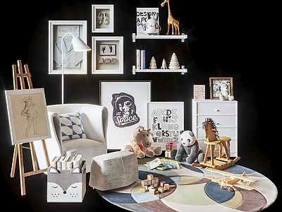 现代摆件组合 现代儿童玩具饰品 美术画架 儿童沙发 毛绒公仔 墙饰壁饰