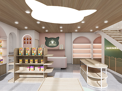 现代简约宠物店 现代简约宠物店 奶油风宠物店 宠物货架 楼梯间宠物寄养