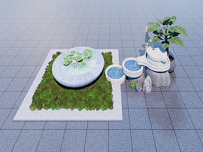 新中式庭院小品 荷花水槽 石磨 石槽水景 流水小景观
