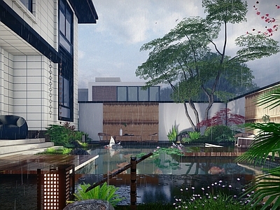 新中式现代别墅庭院 下沉庭院